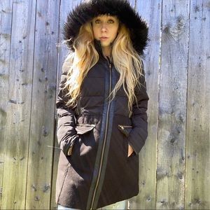 Nicole Miller Black Winter Coat with Faux Fur Hood